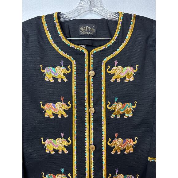 Bob Mackie wearable art black coat embroidered Elephants gold logo buttons large - Picture 2 of 16